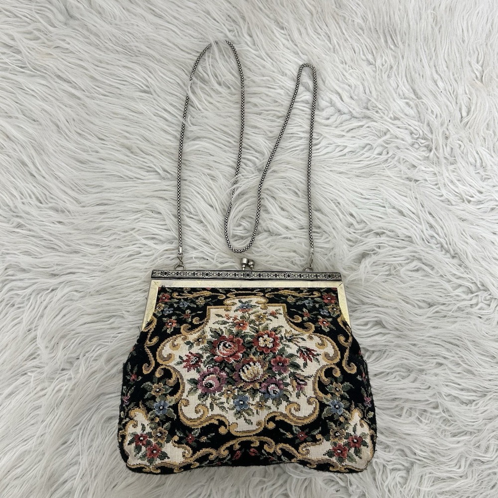 Vintage Tapestry‎ Purse Handbag Floral Decorative Gold Metal Chain Strap Lined